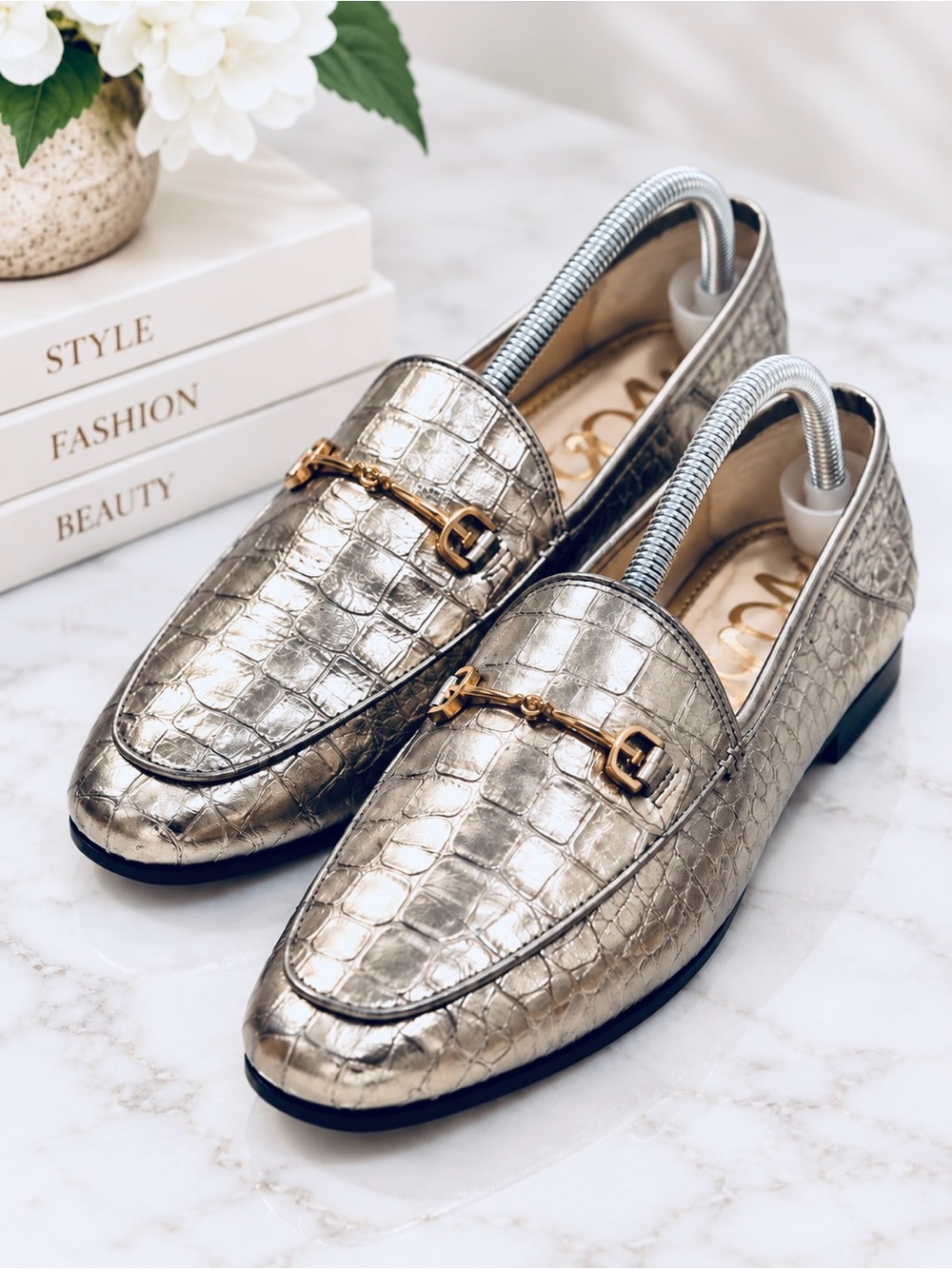 Sam Edelman Loraine Loafer Metallic Gold Crocodile Embossed Horsebit Leather 10M